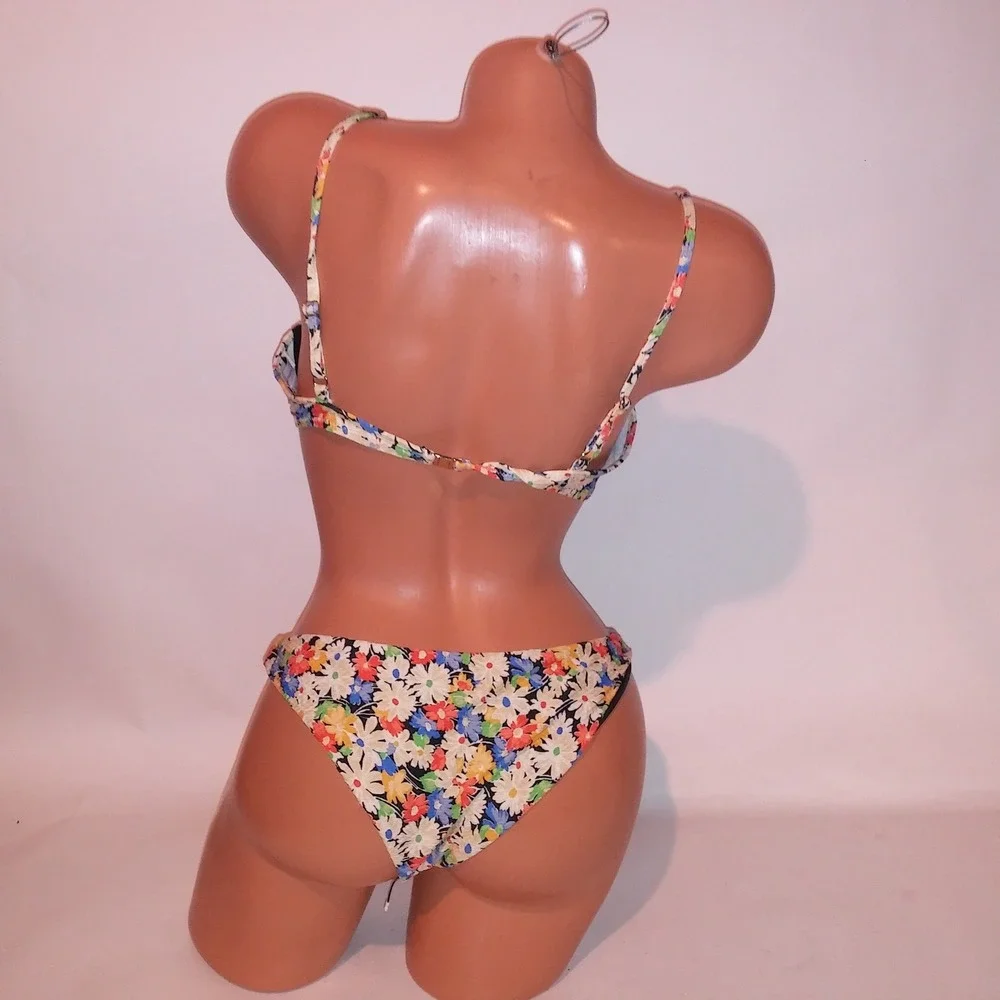 Something Navy Swim Bikini Large Top Medium Bottom Colorful Floral Underwire